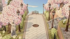 a painting of a park with trees, benches and flowers on the ground in front of a manhole