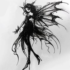 a black and white drawing of a fairy