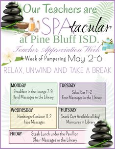 a flyer for the spa at pine bluff isd, featuring massages and facial care items