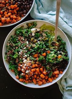 two bowls filled with different types of food on top of a table next to each other