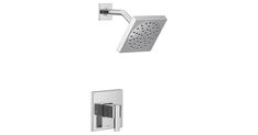 the shower faucet is shown with an overhead hand shower head and body spray