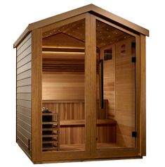 a wooden sauna is shown on a white background