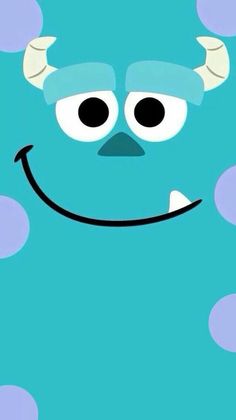 a blue monster with big eyes and horns on it's head is smiling at the camera