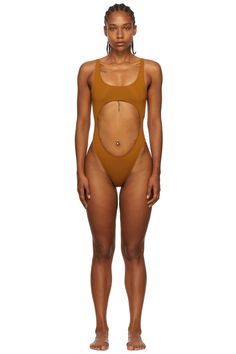 BINYA: SSENSE Exclusive Brown Ara One-Piece Swimsuit | SSENSE High Cut Seamless Beachwear Swimwear, Summer Second-skin High-cut Swimwear, Fitted Nylon Swimwear With Scoop Neck, Sporty Scoop Neck Swimwear In Nylon, High Cut Elastane Swimwear For Summer, Seamless Nylon Swimwear With Scoop Neck, One-piece Seamless Swimwear, High Cut Nylon Swimwear, High Cut Stretch Nylon Swimwear