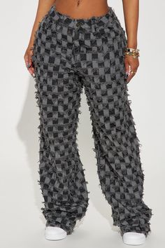 Available In Black/Grey. Pair With From The Start Checkered Denim Jacket Wide Leg Jean Non Stretch Checkered Jacquard Fabric All-Over Fray Detail 5 Pocket Tab Waist Detail 33.5" Inseam 11.5" High Rise Disclaimer: Due To The Specialized Wash & Distressing Process, Each Garment Is Unique. 70% Cotton 30% Polyester Imported California Proposition 65 WARNING: Cancer and Reproductive Harm - www.P65Warnings.ca.gov. | From The Start Checkered Baggy Jeans in Black/Grey size 22 Plus by Fashion Nova Closet Wishlist, Fashion Nova Jeans, Black Women Fashion, Jacquard Fabric, Womens Casual Outfits, Jeans Black, Baggy Jeans, Matching Dresses, Grey Fashion