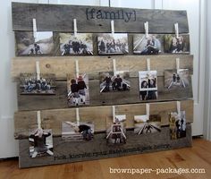 a family tree made out of wooden planks with pictures pinned to them on clothes pins