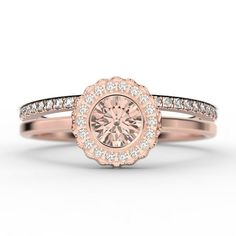 a rose gold engagement ring with diamonds on the band and a round cut diamond in the center