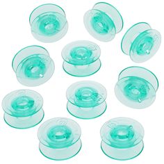 twelve clear glass bowls with blue rims on each side and one in the middle