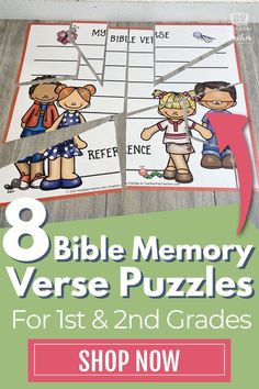 the 8 bible memory verse puzzles for 1st and 2nd grade students to practice their reading skills