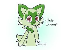 a drawing of a green cat with big eyes and an expression that says hello internet