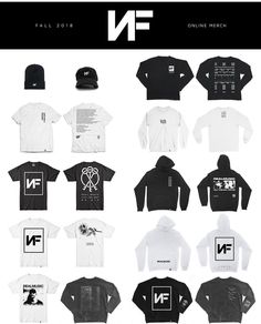 various t - shirts and hats are shown in black and white