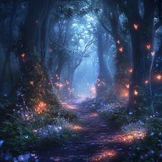 a path in the middle of a forest with fireflies on it's sides