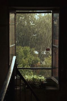 an open window in a dark room with rain coming down the side and trees outside