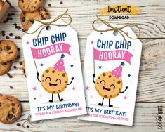 two birthday tags with chocolate chip cookies on them