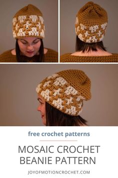 a woman wearing a crochet hat with the words mosiaic crochet beanie pattern