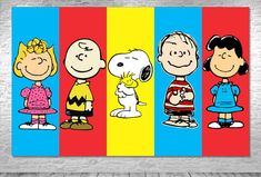 a group of cartoon characters standing next to each other on a colorful striped wallpaper