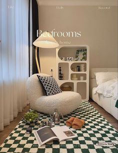 a room with a checkered rug and white furniture in the corner, along with a bookcase