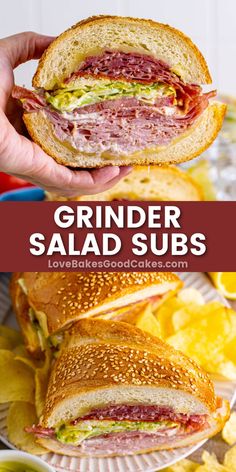 a close up of a sandwich with the words grinder salad subs on it