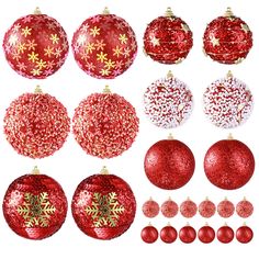 a collection of red christmas ornaments and decorations