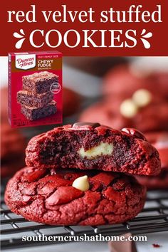 red velvet stuffed cookies are stacked on top of each other with white chocolate chips in the middle