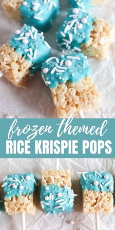 rice krispie pops with blue frosting and sprinkles on the top