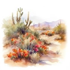 watercolor painting of desert scene with cactus and flowers