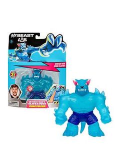 an action figure with a blue body and large arms, in front of a box