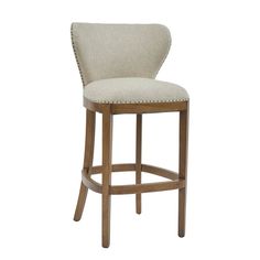 an upholstered bar stool with beige fabric and wooden legs, on a white background