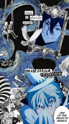 an anime character with blue hair and black eyes is surrounded by many other characters in the background