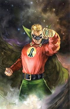 a painting of a man in green pants and a red shirt holding his fist up