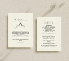 two business cards with the words welcome and events written in black ink on white paper