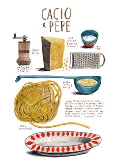 a poster with different types of pasta and other foods on it, including spaghetti noodles