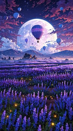 a field full of purple flowers with hot air balloons in the sky