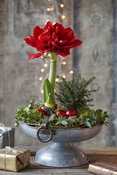 a flower arrangement in a silver bowl on a table with presents and lights behind it