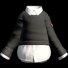 a white mannequin wearing a black sweater with red and white buttons on the collar