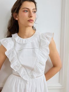 Color: WhiteStyle: CasualPattern Type: PlainDetails: Ruffle, Contrast Lace, Ruffle HemType: A LineNeckline: Round NeckSleeve Length: SleevelessWaist Line: High WaistHem Shaped: FlounceLength: ShortFit Type: Regular FitFabric: Non-StretchMaterial: Woven FabricComposition: 100% CottonCare Instructions: Machine wash or professional dry cleanSheer: Semi-Sheer Lace Trim Dress, Trim Dress, Lace Ruffle, Ruffle Trim, Lace Trim, Final Sale, Trim, Mini Dress, Lace