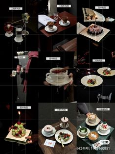 a series of photographs showing different types of desserts and pastries on plates with candles in them