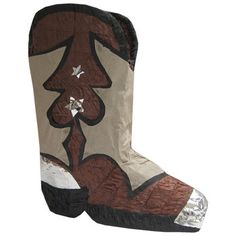 a pair of brown and white cowboy boots with stars on the soles, side view