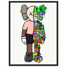 an image of a cartoon character with many things in the background and one person standing next to it