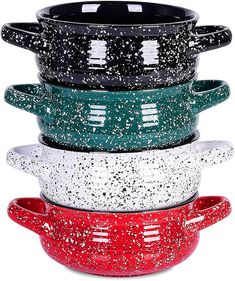 five bowls stacked on top of each other with speckles in the colors of red, white, and green