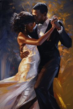 a painting of a man and woman in formal attire dancing together with each other,