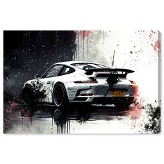 a painting of a white sports car with red paint splatters on the side