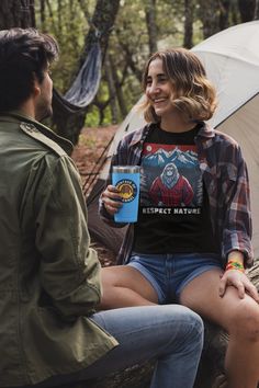 Embrace the call of the wild with our "Respect Nature Sasquatch" T-shirt. This unique design showcases a Sasquatch clad in a flannel shirt, standing proudly among mountains and lush trees, symbolizing a guardian of the wilderness. The caption "Respect Nature" underscores the message of conservation and appreciation for the great outdoors. Perfect for hikers, campers, and anyone who believes in the mystique of Bigfoot, this shirt is a must-have for adventurers and nature lovers alike. The 100% co Camping Looks For Women, Forest Hiking, Kids Camping, Camp Shirts, Camping Shirts, Camping Quotes, Funny Summer, Camper Camping, Camper Shirt