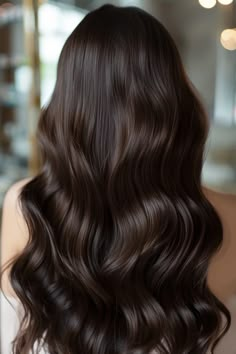 Long, wavy brown hair with a glossy shine viewed from the back. Chocolate Brown Hair With Dark Highlights, Winter Dark Brown Hair, One Solid Hair Color, Chocolate Tone Hair, Darkest Chocolate Brown Hair, Brunette Hair Inspo Color, Natural Hair Colour Ideas, Dark Chocolate Brown Hair Espresso, Chocolate Brown Hair With Layers