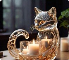 a cat figurine sitting on top of a table next to candles