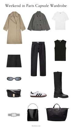 Mix And Match Outfits For Travel Minimalist Packing, Weekend Paris Outfits, Weekend Travel Outfits Fall, Capsule Wardrobe Weekend Trip, Outfits For A Weekend Trip, Paris Fall Packing List, Weekend In The City Outfits, Paris Capsule Wardrobe Winter, Weekend City Break Outfit Spring