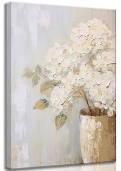 an oil painting of white flowers in a vase on a gray and beige background,