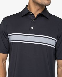 This perfect golf performance Polo, which features a single chest stripe, was designed with UV protection, stretch materials, and soft materials for superior protection and comfort in and out of the golf course. Style: 10053 Navy Classic Sports Top, Classic Navy Sports Top, Breathable Black Golf Top, Breathable Black Top For Golf, Classic Striped Tops For Golf, Sporty Golf Tops With Three Stripes, Black Sporty Top For Golf, Sporty Black Tops For Golf, Sporty Black Top For Golf