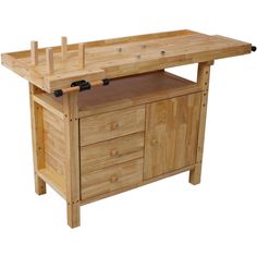 a wooden workbench with two drawers on one side and an open drawer on the other