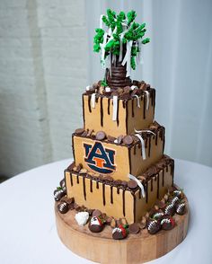 a three tiered cake is decorated with chocolate frosting and icing, topped with an auburn logo